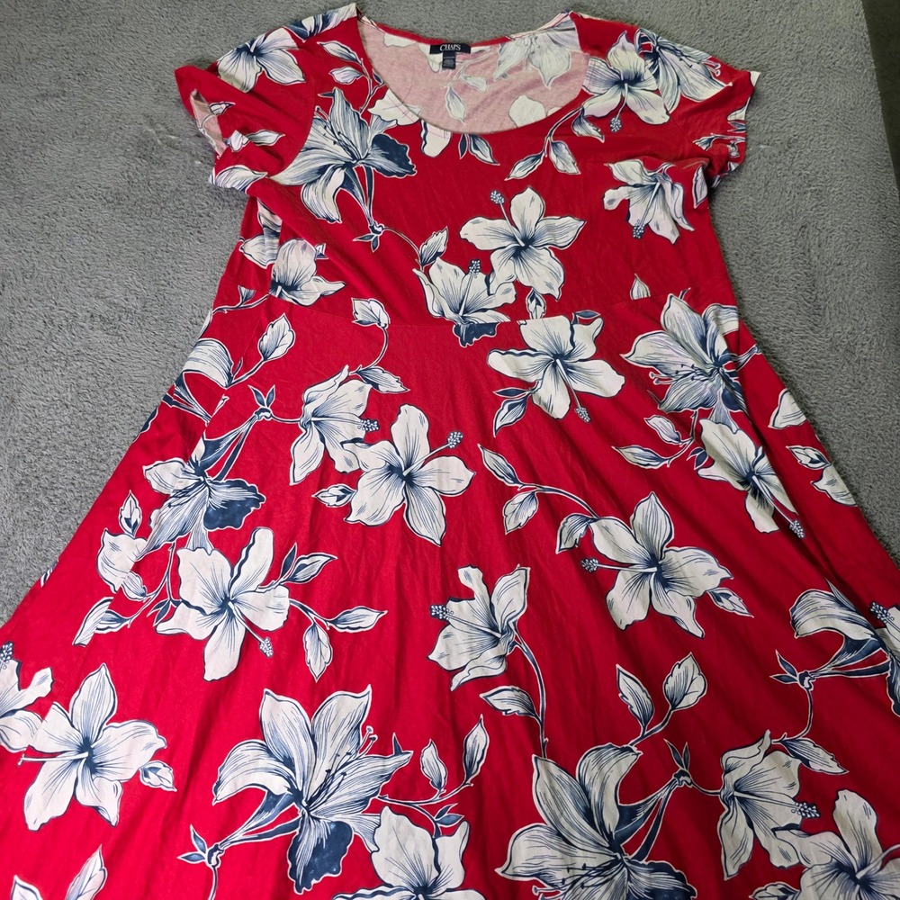 Chaps Womens 3X Dress Red Floral Hibiscus Cotton Empire Waist Short Sleeve
